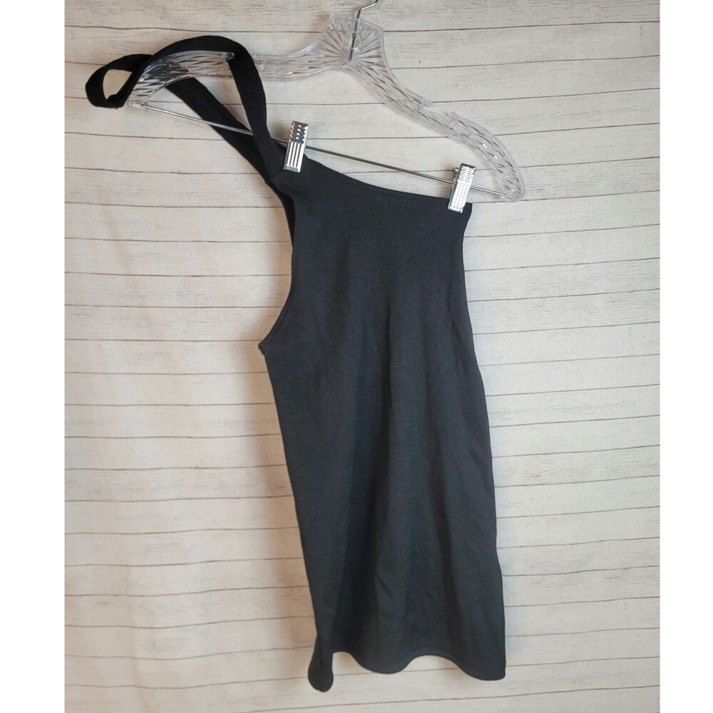 MANIERE DE VOiR RIBBED ONE SHOULDER TANK IN BLACK, SZ 0
